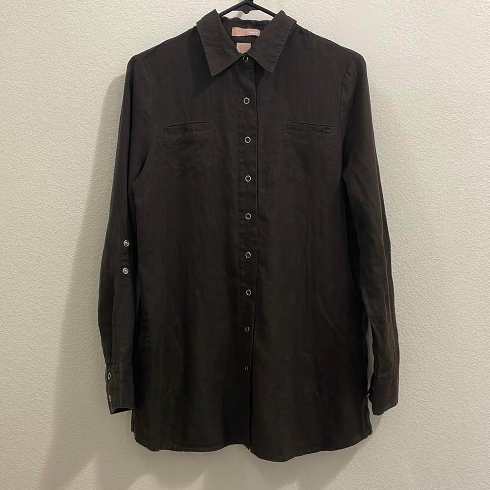 wear it Linen Tab Sleeve Snap Button Tunic Shirt Dress - Dark Brown